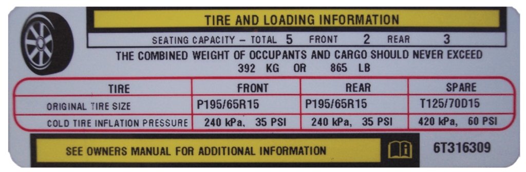 Tire Placard Example - Image © Rolling Hills Publishing/Auto Upkeep